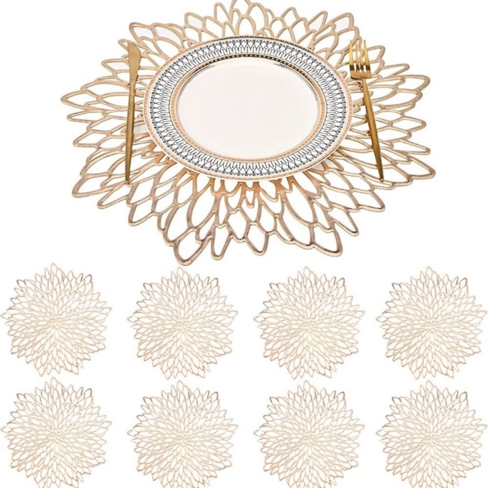 Gold Vinyl Placemats Set of 8 Round Floral Leaf Dining Modern Table Place Mats